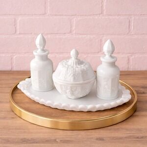 MINT Westmoreland Milk Glass Paneled Grape 4pc Vanity Set - WG Marked Vintage